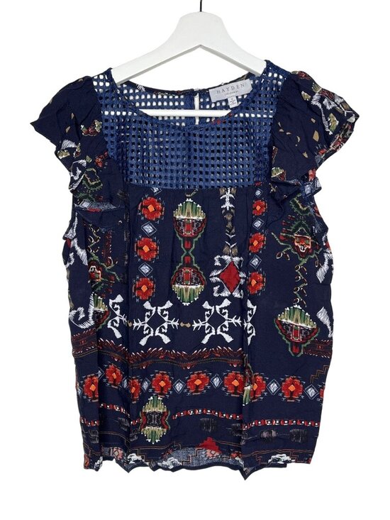 Hayden Tops - Hayden Womens Small Blue Floral Boho Blouse Short Sleeve Top